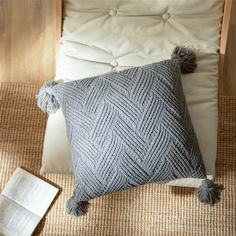 Soft Plush Pillow Cover with Fuzzy Pom Poms