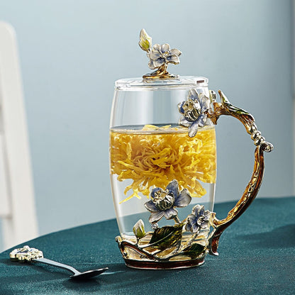 Romantic Floral Glass Mug for Coffee or Tea Lovers