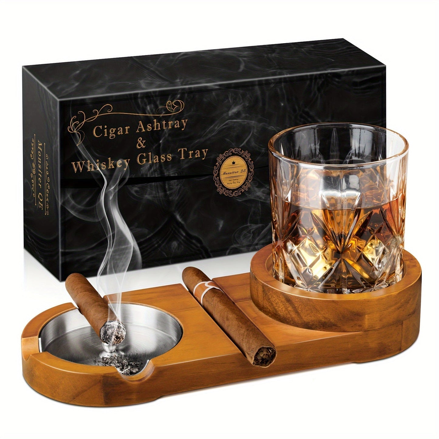 Premium Wood Cigar Ashtray with Whiskey Glass Holder