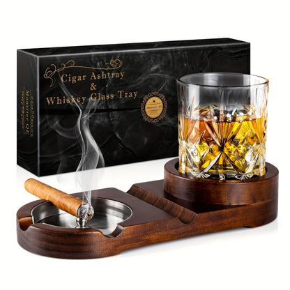 Premium Wood Cigar Ashtray with Whiskey Glass Holder
