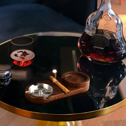 Premium Wood Cigar Ashtray with Whiskey Glass Holder
