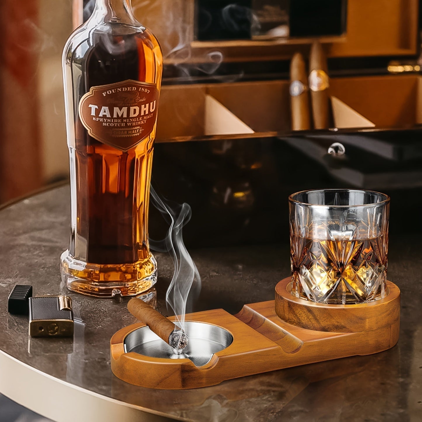 Premium Wood Cigar Ashtray with Whiskey Glass Holder