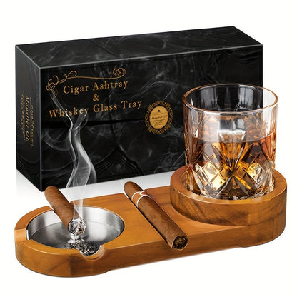 Premium Wood Cigar Ashtray with Whiskey Glass Holder