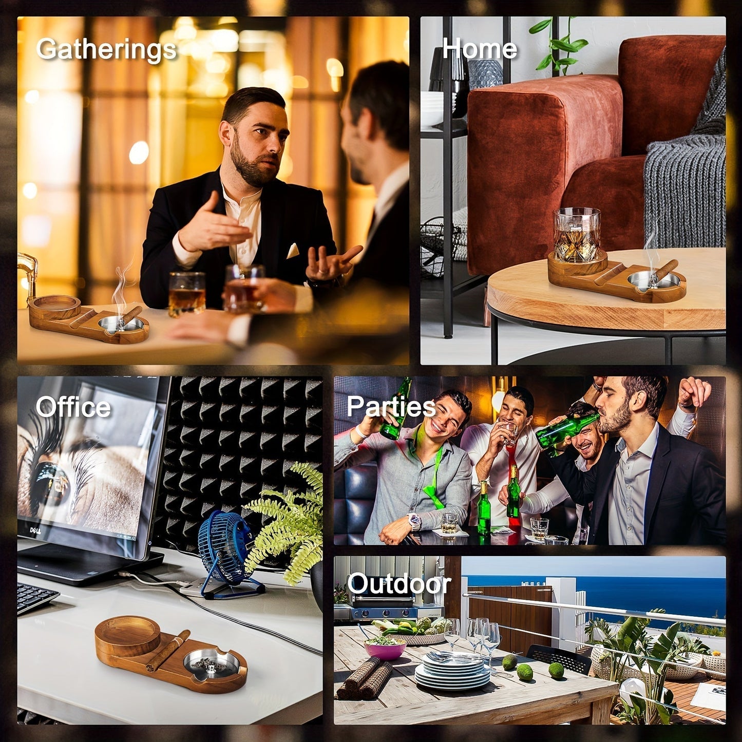 Premium Wood Cigar Ashtray with Whiskey Glass Holder