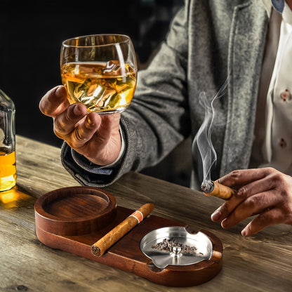 Premium Wood Cigar Ashtray with Whiskey Glass Holder