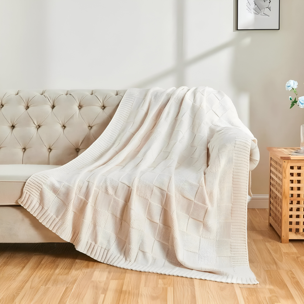 Cozy Plaid Knitted Blanket Black White Soft Throw