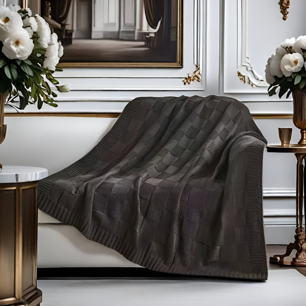 Cozy Plaid Knitted Blanket Black White Soft Throw