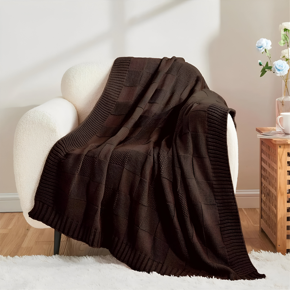 Cozy Plaid Knitted Blanket Black White Soft Throw