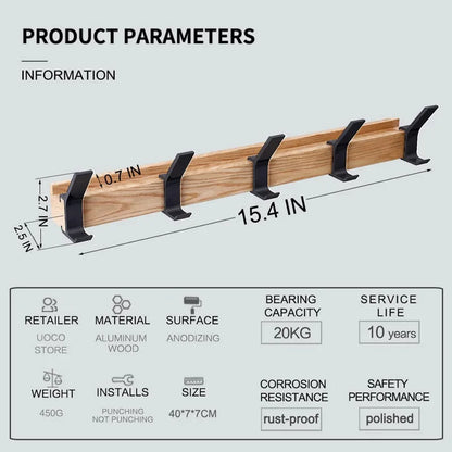 Space Saving Wooden Wall Coat Rack with Double Hooks