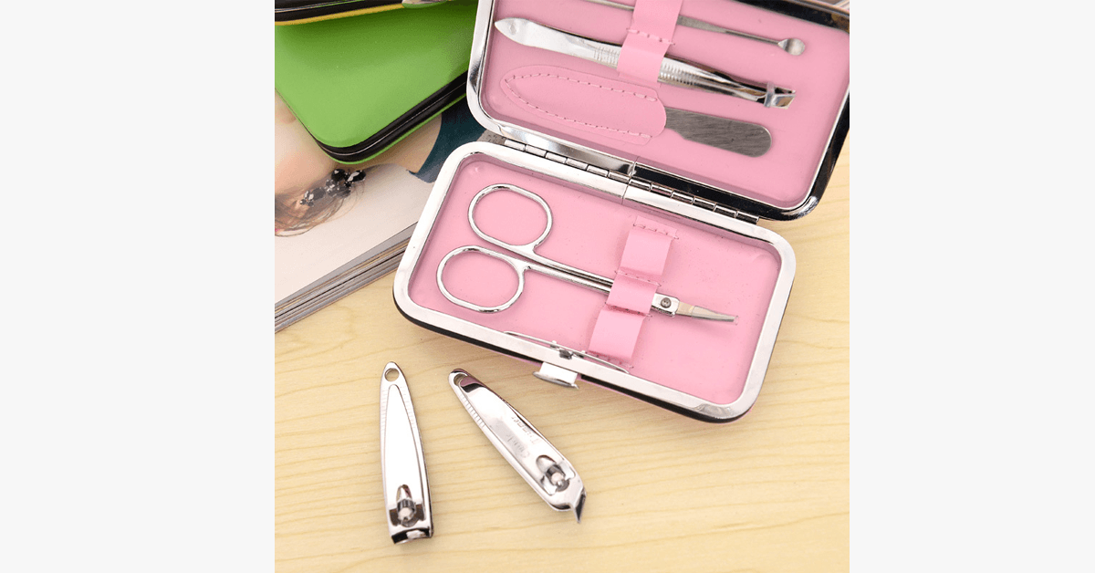 Compact 7-Piece Nail Care Kit in Pink Case