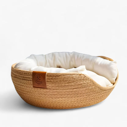 Handwoven Bamboo Pet Bed with Cushion – Rattan Cat and Small Dog Basket