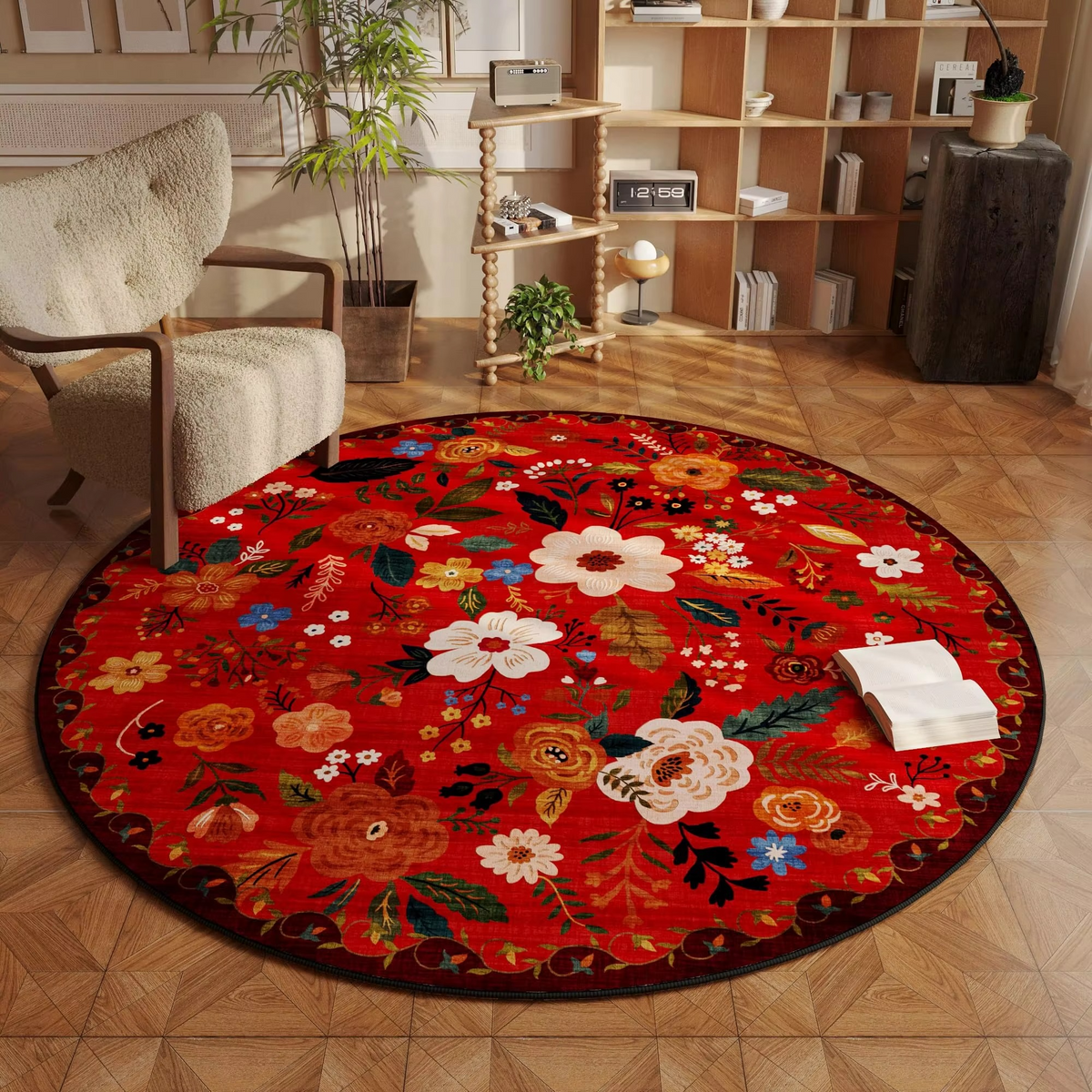Soft Beige Round Area Rug with Non Slip Backing