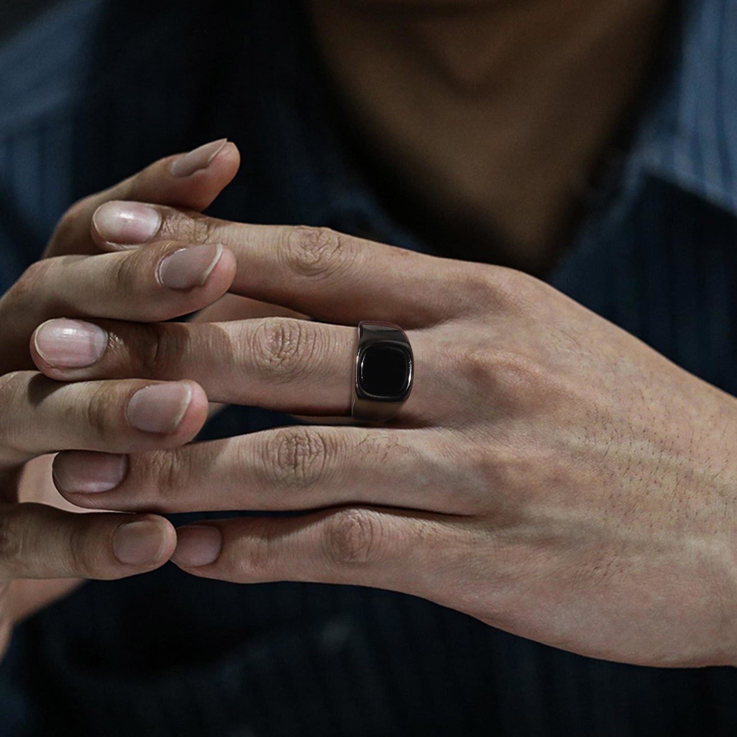 Edgy Dark Stone Steel Mens Ring