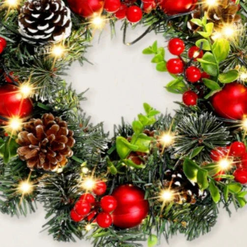 Yeezlab | Festive Holiday Wreath | LED Lights | Red Decorations