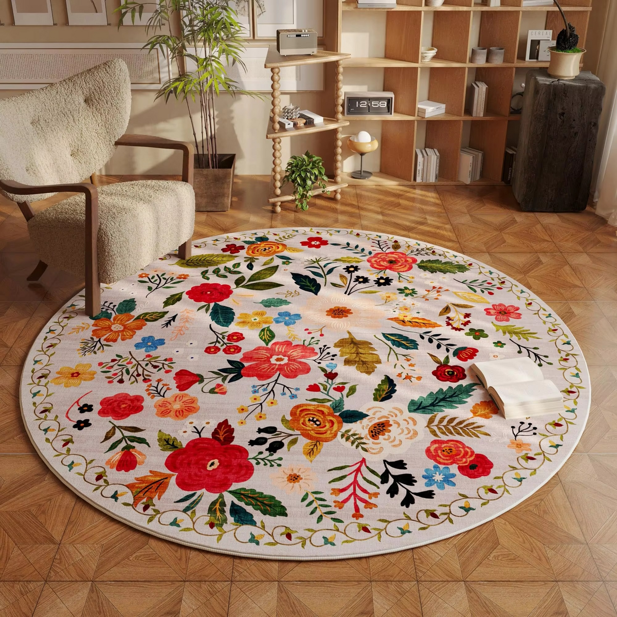 Soft Beige Round Area Rug with Non Slip Backing - Yeezlab