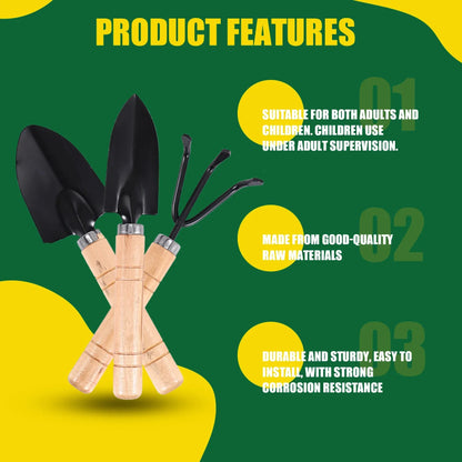 Compact 3pc Garden Tool Kit, Wooden Handle, Metal Tips - Yeezlab