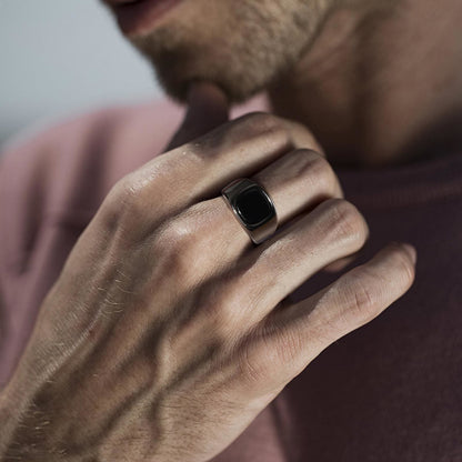 Edgy Dark Stone Steel Mens Ring - Yeezlab