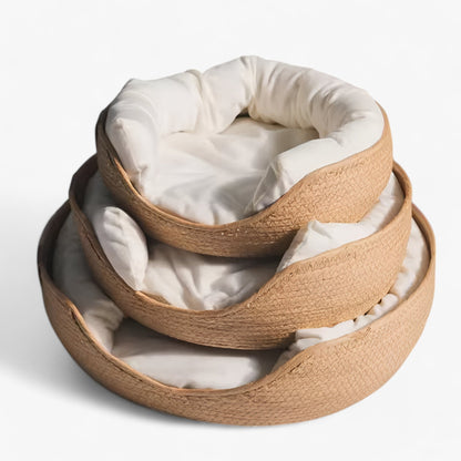 Handwoven Bamboo Pet Bed with Cushion – Rattan Cat and Small Dog Basket