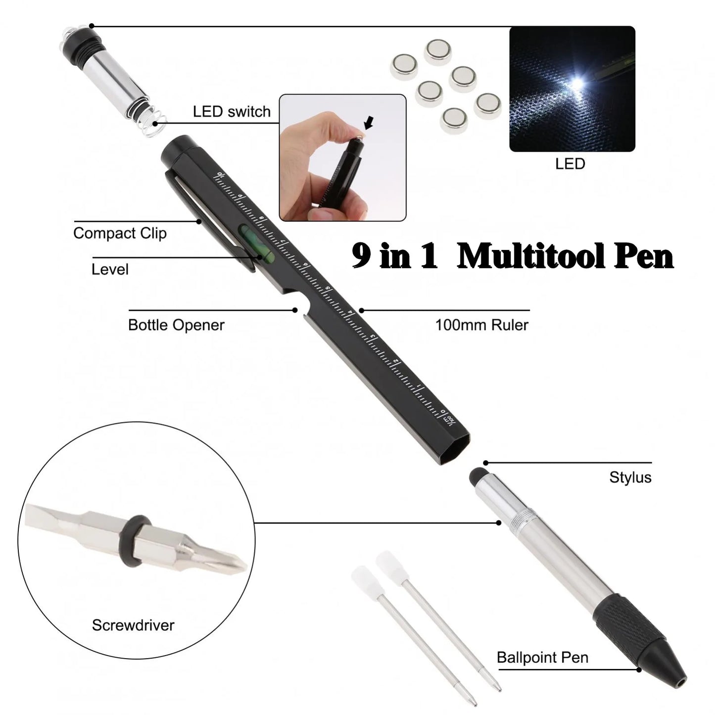 9in1 Multi Tool Stainless Steel Pocket Pen