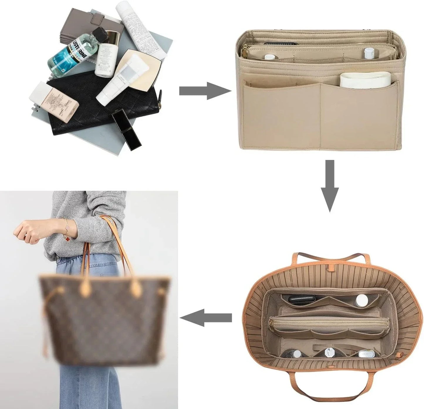 Premium Felt Handbag Organizer Insert with Zipper Pockets