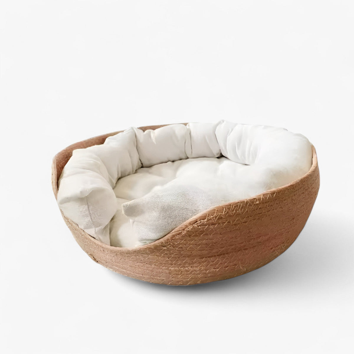 Handwoven Bamboo Pet Bed with Cushion – Rattan Cat and Small Dog Basket