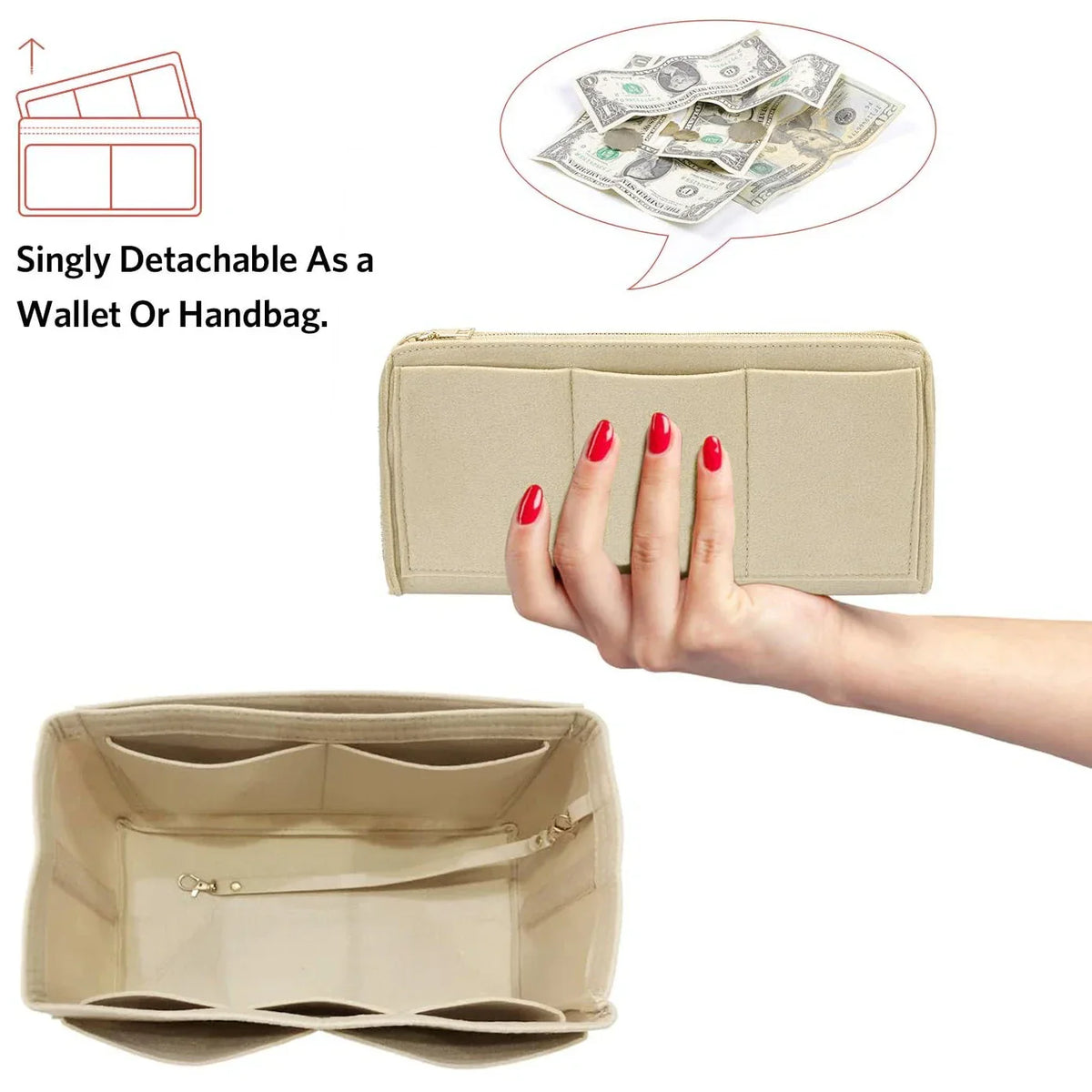 Premium Felt Handbag Organizer Insert with Zipper Pockets - Yeezlab