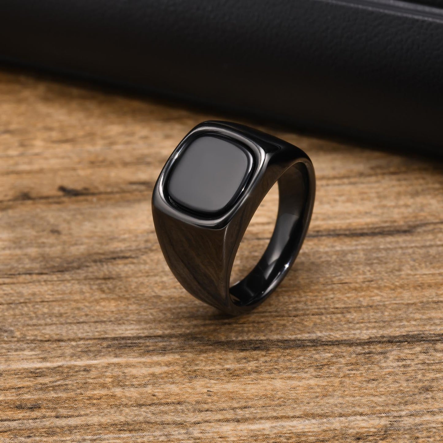 Edgy Dark Stone Steel Mens Ring