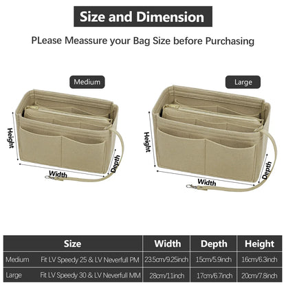 Premium Felt Handbag Organizer Insert with Zipper Pockets