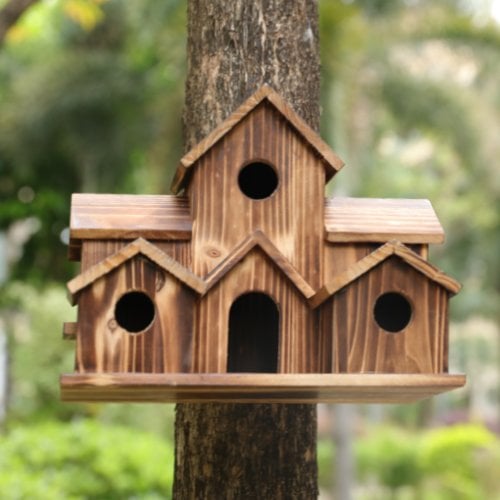 Rustic Wooden Birdhouse with 6 Holes for Outdoor Garden