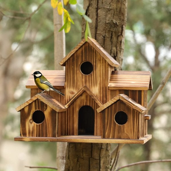 Rustic Wooden Birdhouse with 6 Holes for Outdoor Garden