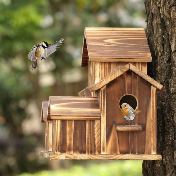 Rustic Wooden Birdhouse with 6 Holes for Outdoor Garden