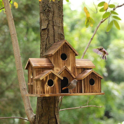 Rustic Wooden Birdhouse with 6 Holes for Outdoor Garden - Yeezlab