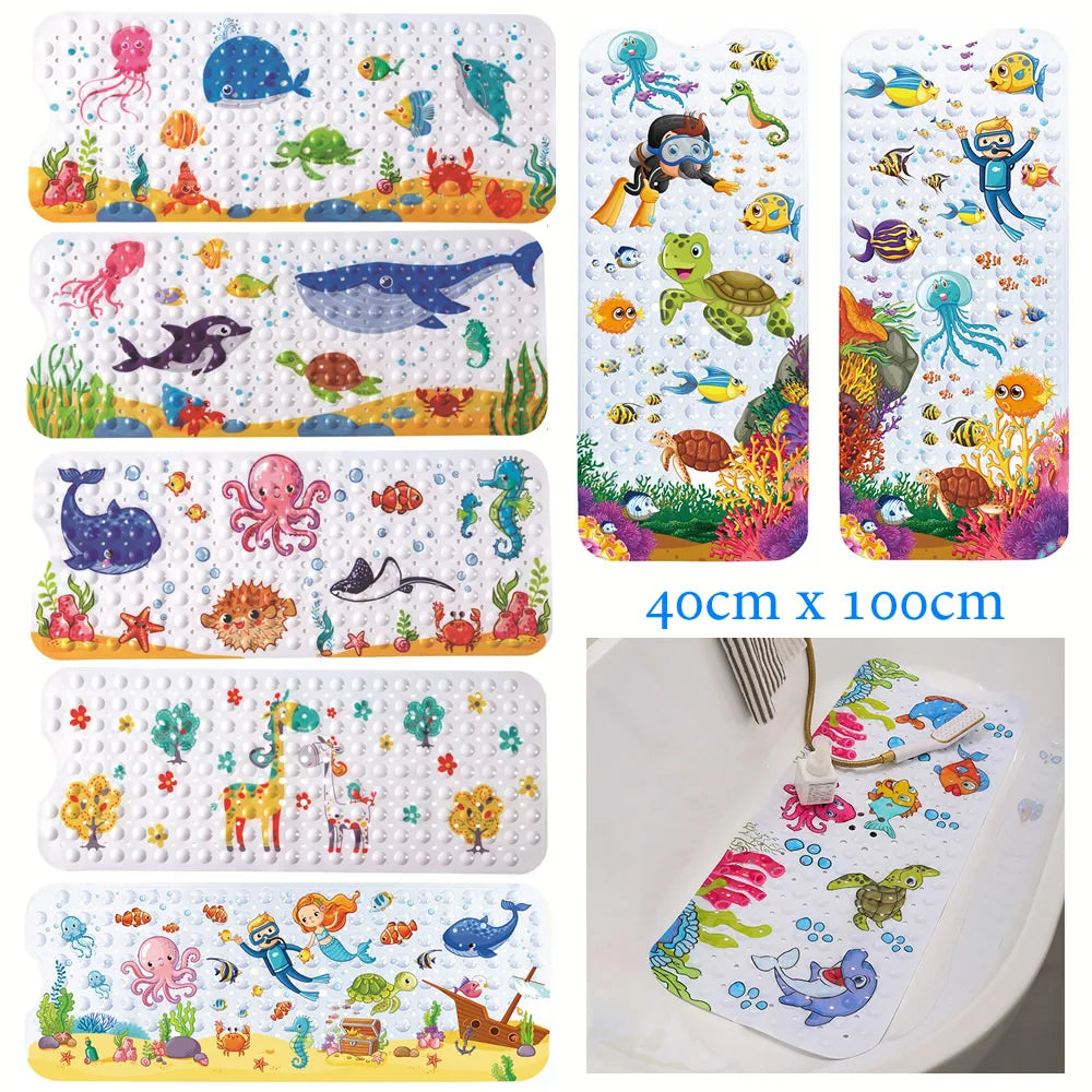 Fun Kids Bath Mat with Suction Cups and Colorful Designs