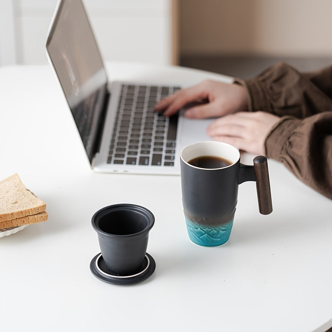Vintage Style Ceramic Tea Mug with Infuser and Wood Grip