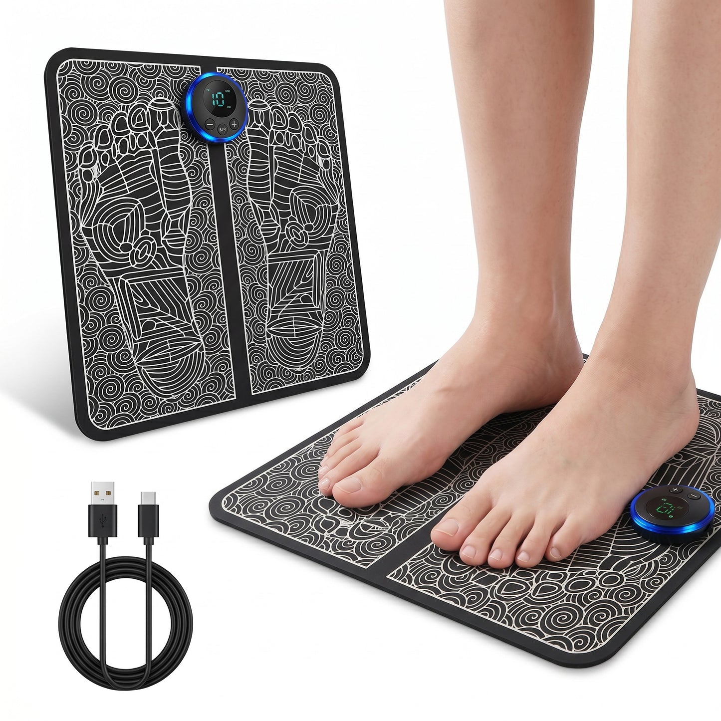 EMS Foot Massager - how it works: rest feet, USB-C rechargeable