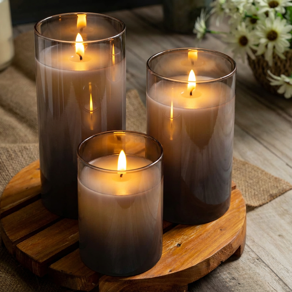 Set of 3 Elegant LED Smoked Glass Candles
