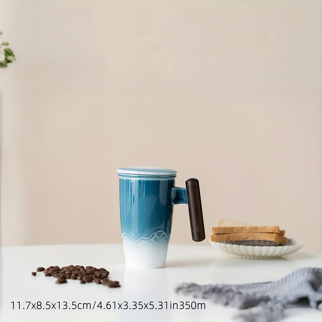 Vintage Style Ceramic Tea Mug with Infuser and Wood Grip