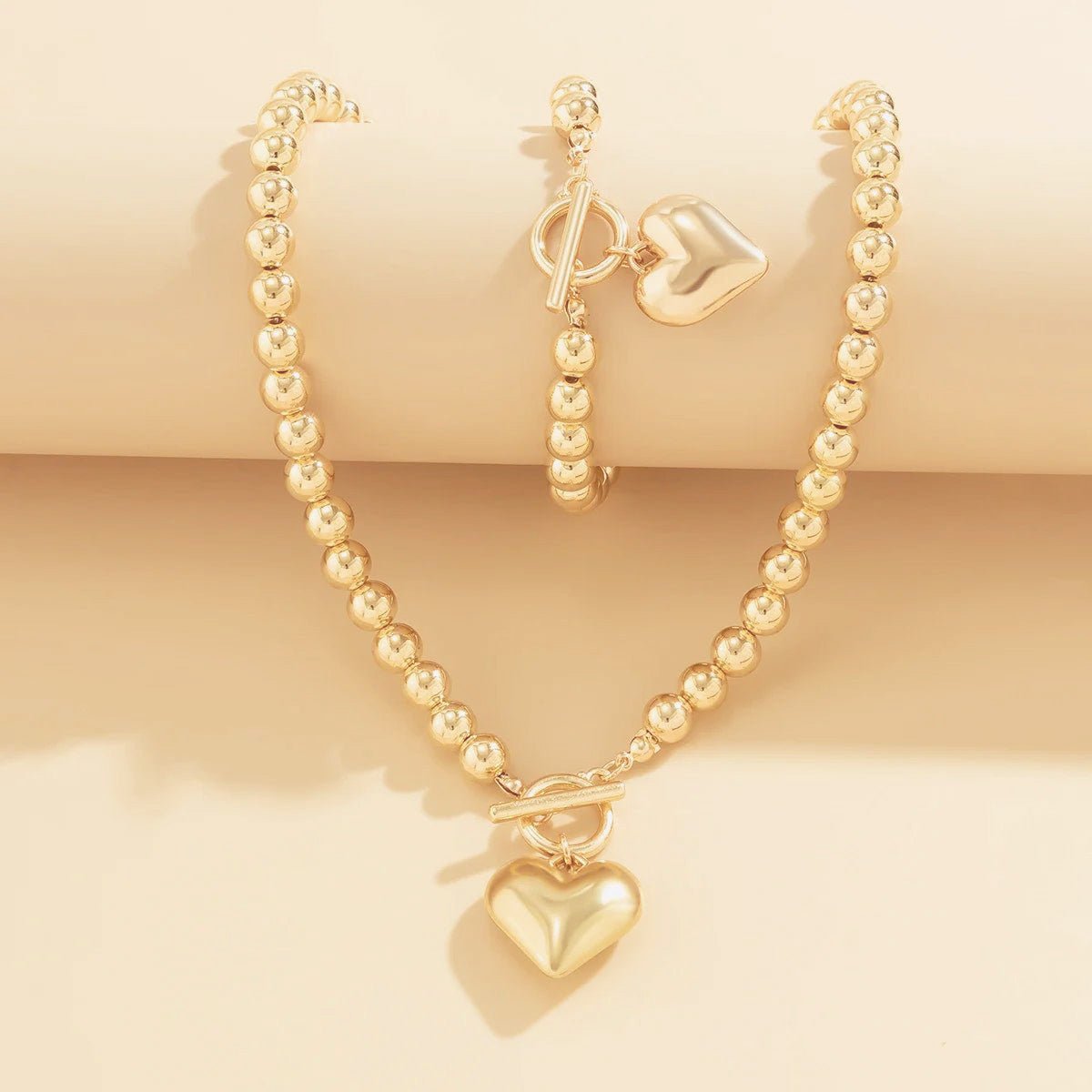 Beaded Heart Charm Bracelet and Necklace Set
