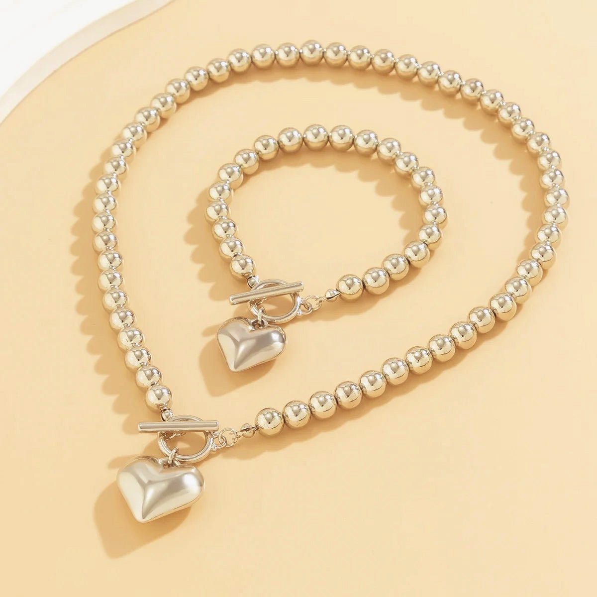 Beaded Heart Charm Bracelet and Necklace Set