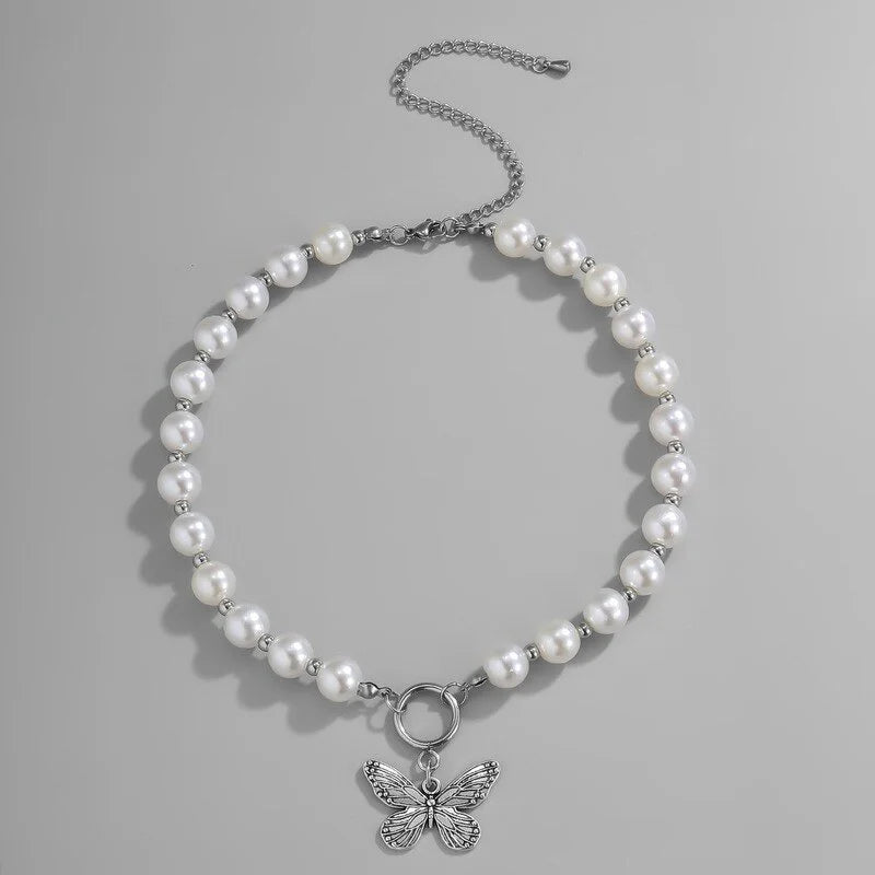 Trendy Pearl Butterfly Choker Necklace