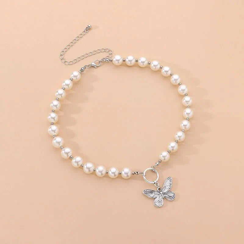 Trendy Pearl Butterfly Choker Necklace