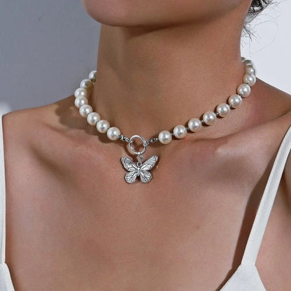 Trendy Pearl Butterfly Choker Necklace - Yeezlab