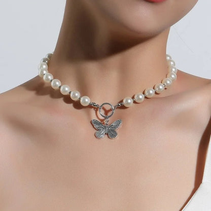 Trendy Pearl Butterfly Choker Necklace