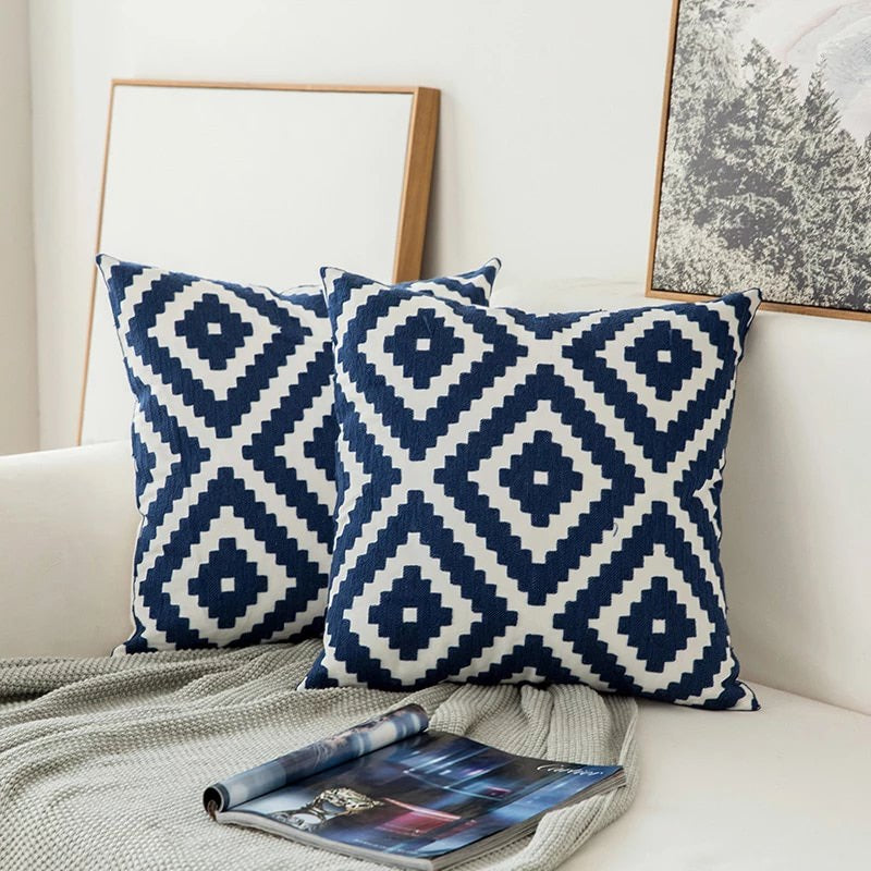 Navy Blue Embroidered Throw Pillow with Floral Design