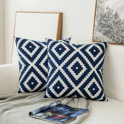 Navy Blue Embroidered Throw Pillow with Floral Design