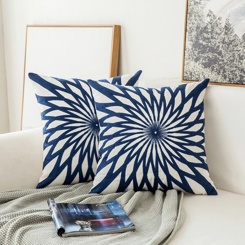 Navy Blue Embroidered Throw Pillow with Floral Design - Yeezlab
