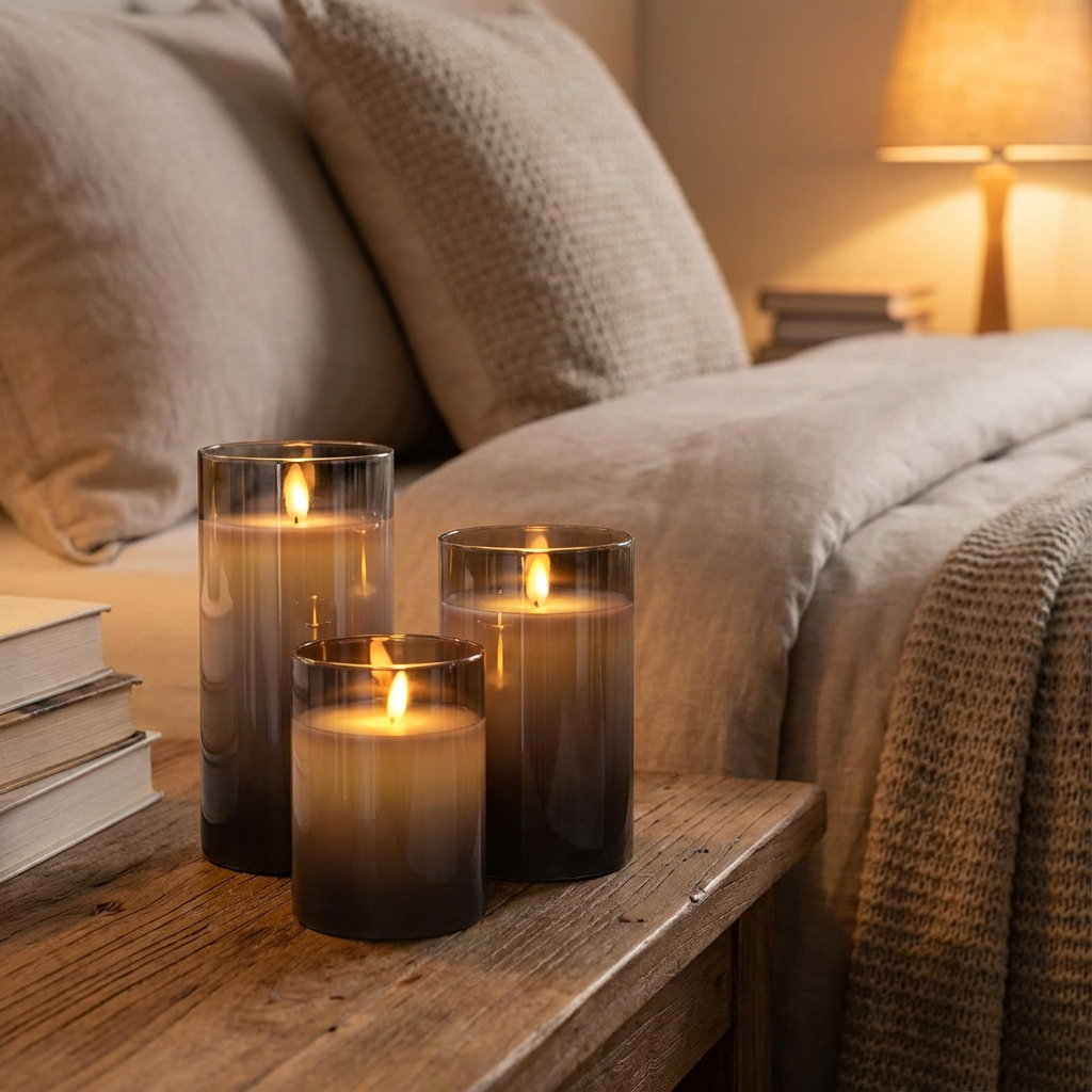 Set of 3 Elegant LED Smoked Glass Candles
