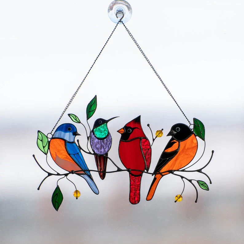 Colorful Bird Shaped Glass Window Decor