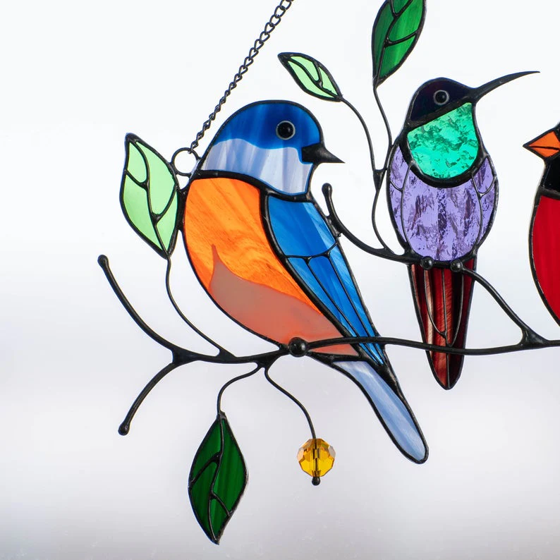 Colorful Bird Shaped Glass Window Decor