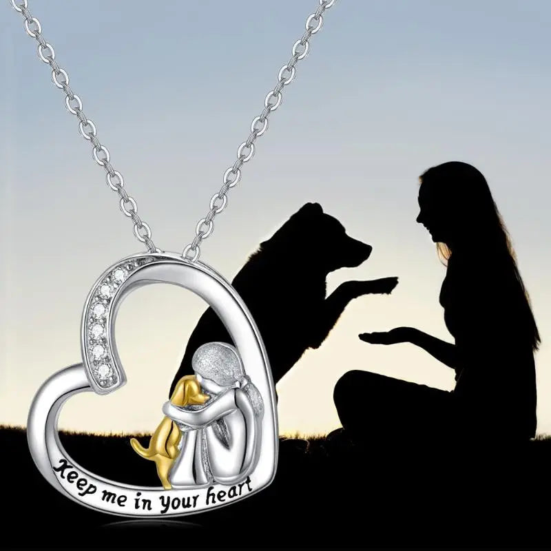 Sparkling Heart Dog Pendant Necklace with Zirconia Stone